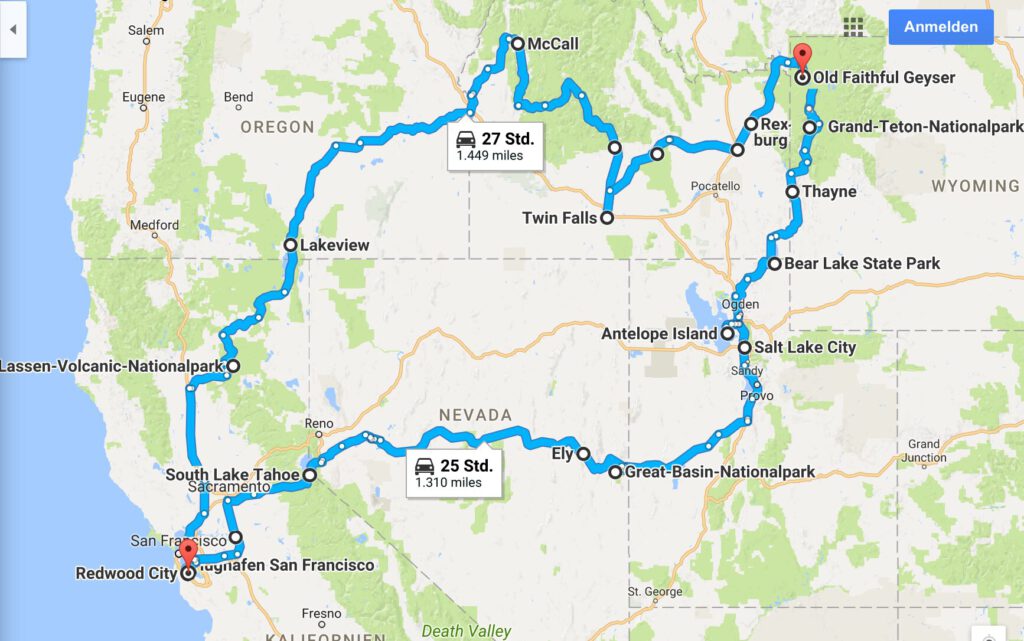 Strecke von San Francisco über McCall, Idaho zum Yellowstone Nationalpark und zurück über Salzlake City